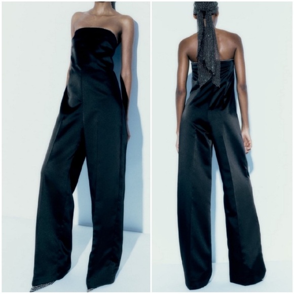 ZARA Satin Effect Long Jumpsuit Jewel Rhinestone Wide Leg Black - Picture 1 of 11